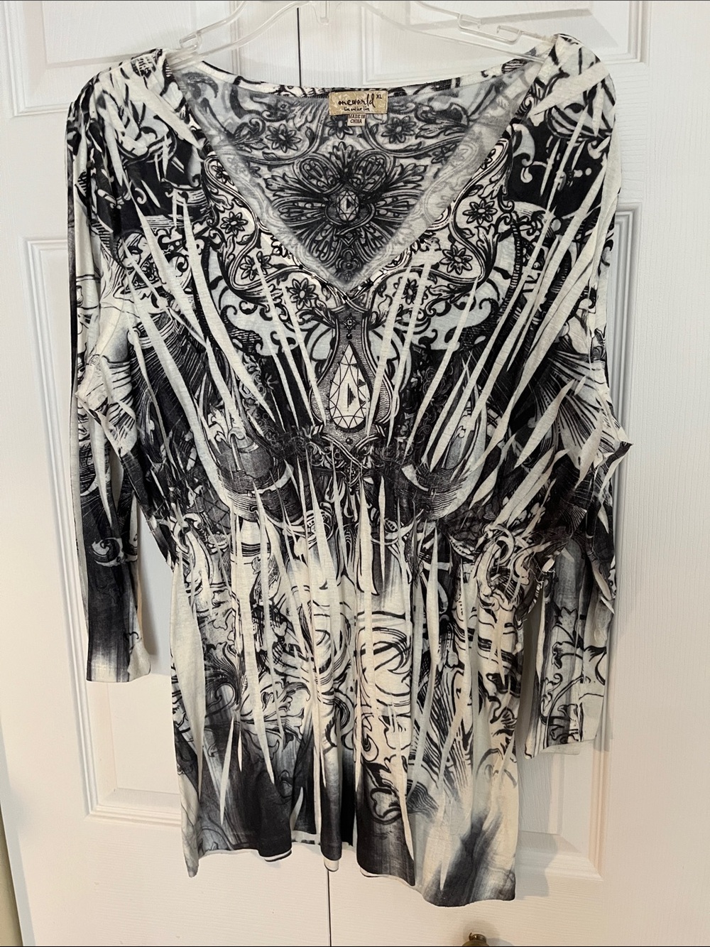 One World Black & White V-Neck Ornate Graphic Tunic